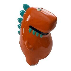 Orange Ceramic Dinosaur Coin Bank With Green Spikes & Hand-Painted Details Appro